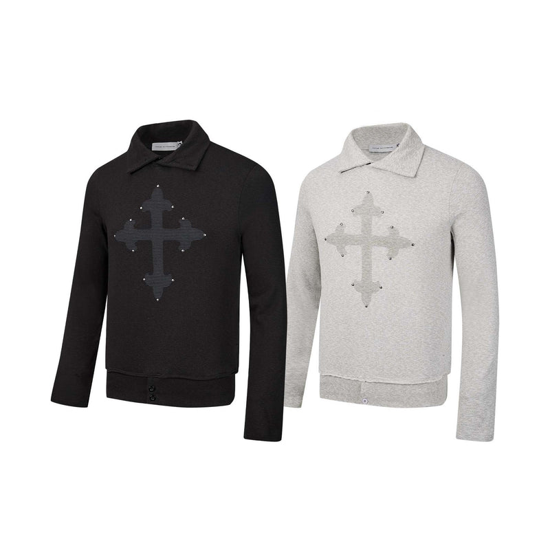 Polo manches longues avec écusson croix clouté – Haut streetwear vintage à ourlet brut