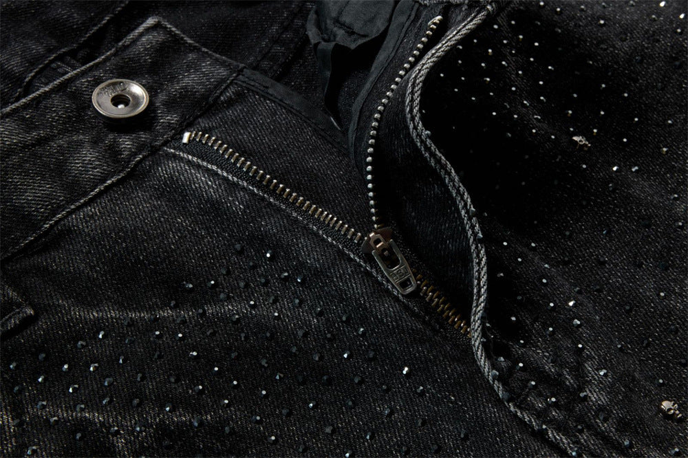 Men's Relaxed Fit Jeans – Washed Black Straight-Leg Rhinestone Star Denim
