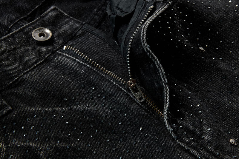 Men's Relaxed Fit Jeans – Washed Black Straight-Leg Rhinestone Star Denim