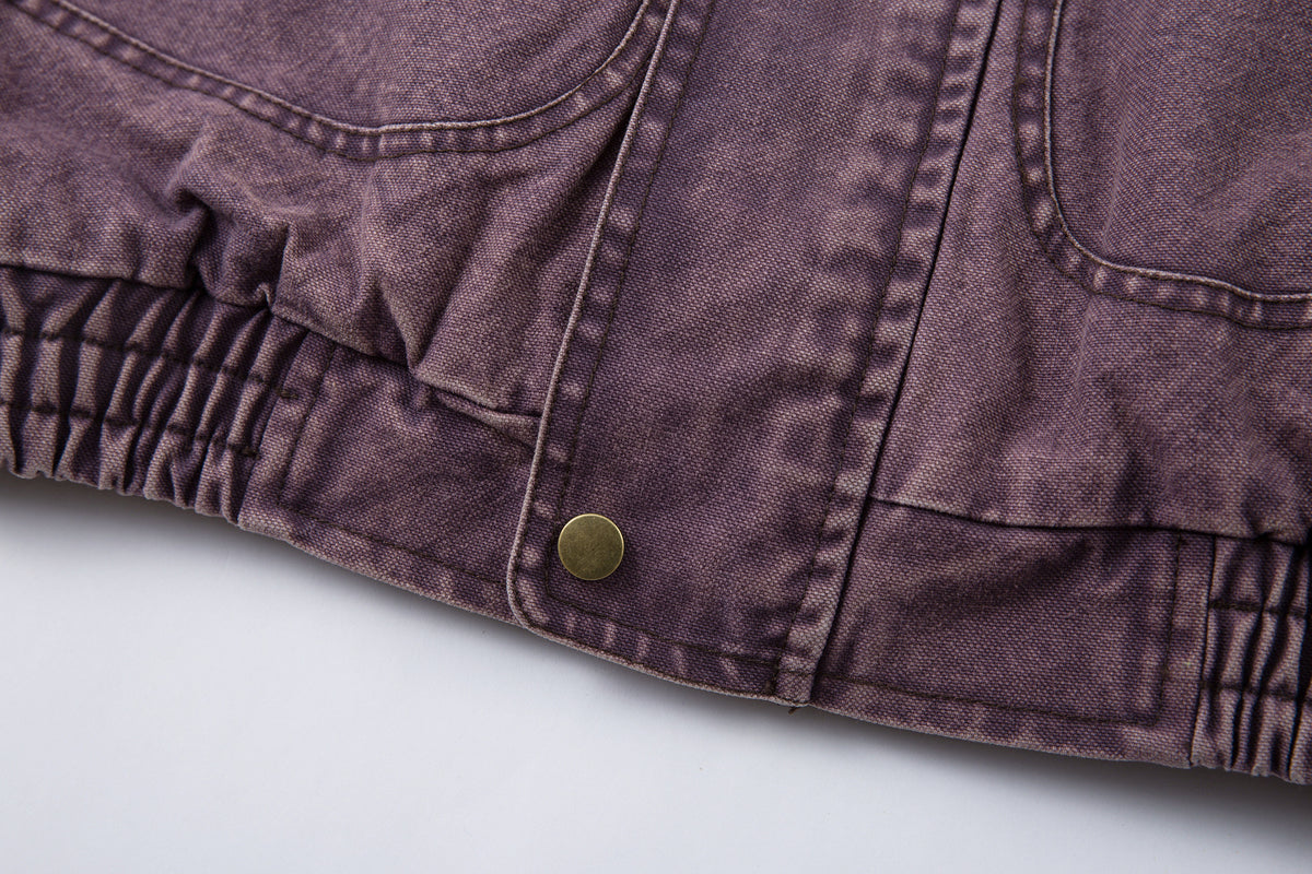 Washed Denim Bomber Jacket with Faux Fur Collar & Fleece Lining – Vintage