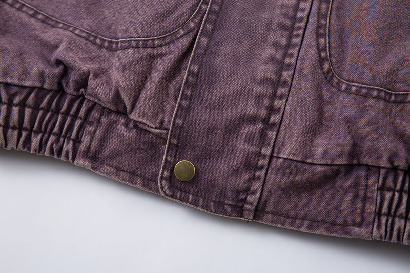 Washed Denim Bomber Jacket with Faux Fur Collar & Fleece Lining – Vintage