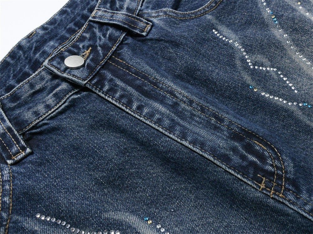 Men's Super Baggy Jeans – Rhinestone Wing Graphic Wide-Leg Denim, Washed Blue