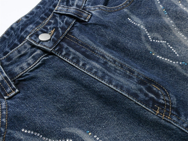 Men's Super Baggy Jeans – Rhinestone Wing Graphic Wide-Leg Denim, Washed Blue