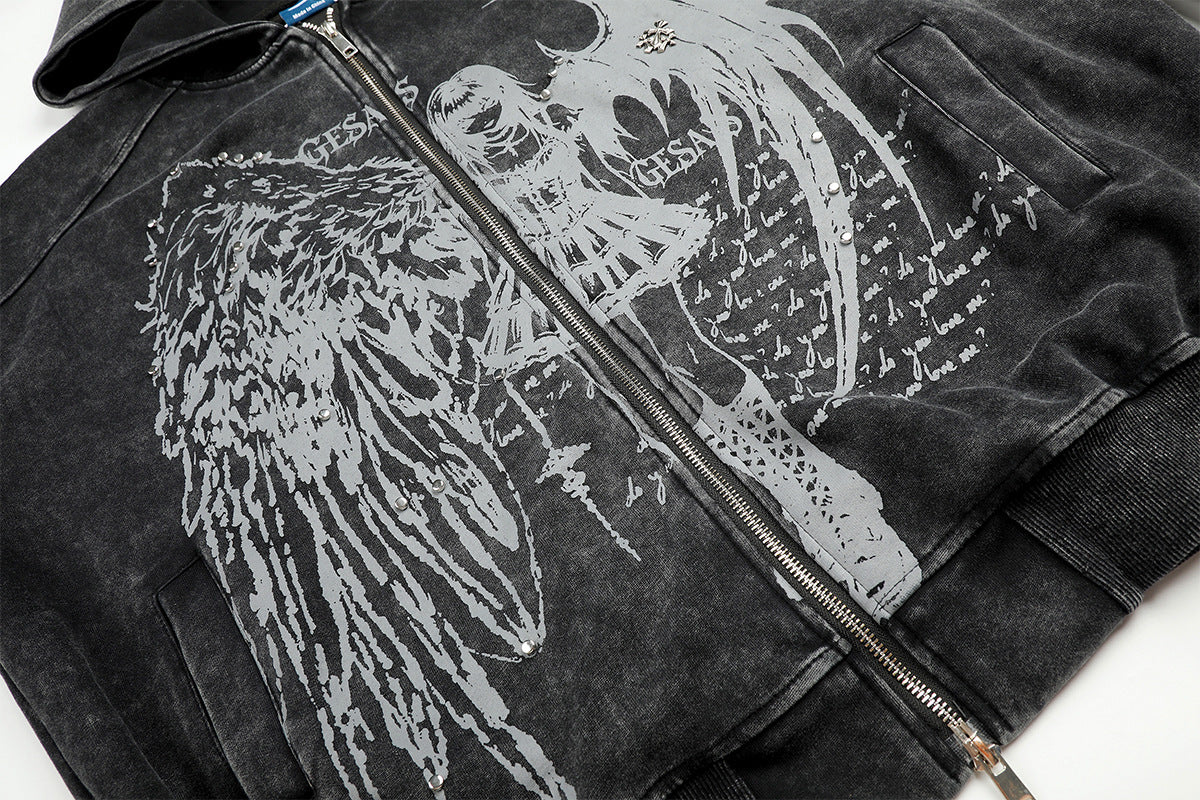 Anime Angel & Demon Graphic Zip-Up Hoodie – Acid Wash Oversized Streetwear