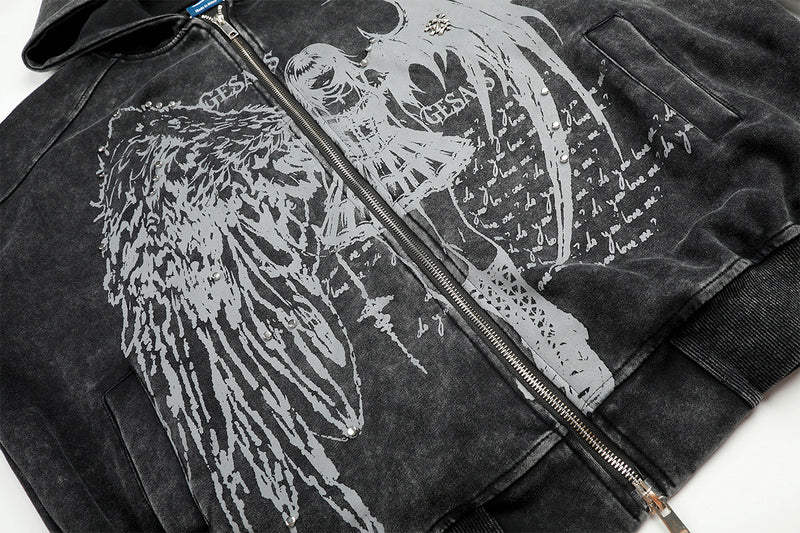 Anime Angel & Demon Graphic Zip-Up Hoodie – Acid Wash Oversized Streetwear
