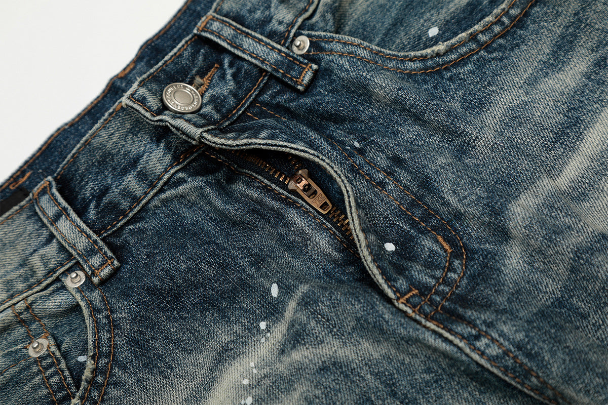 Vaqueros baggy con diseño — Denim vintage lavado de pierna ancha con salpicaduras de pintura
