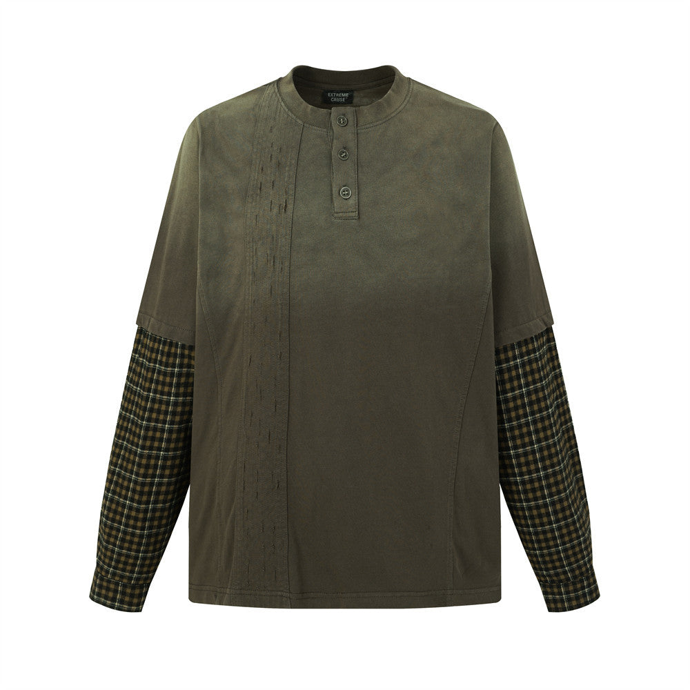 Chemise Henley à manches longues pour homme, à carreaux et empiècements patchwork, coloris olive, manches à carreaux kaki foncé, finition délavée usée et col montant