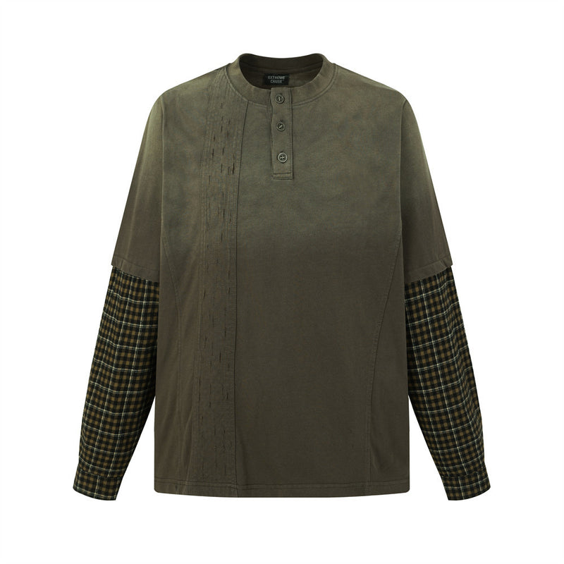 Chemise Henley à manches longues pour homme, à carreaux et empiècements patchwork, coloris olive, manches à carreaux kaki foncé, finition délavée usée et col montant
