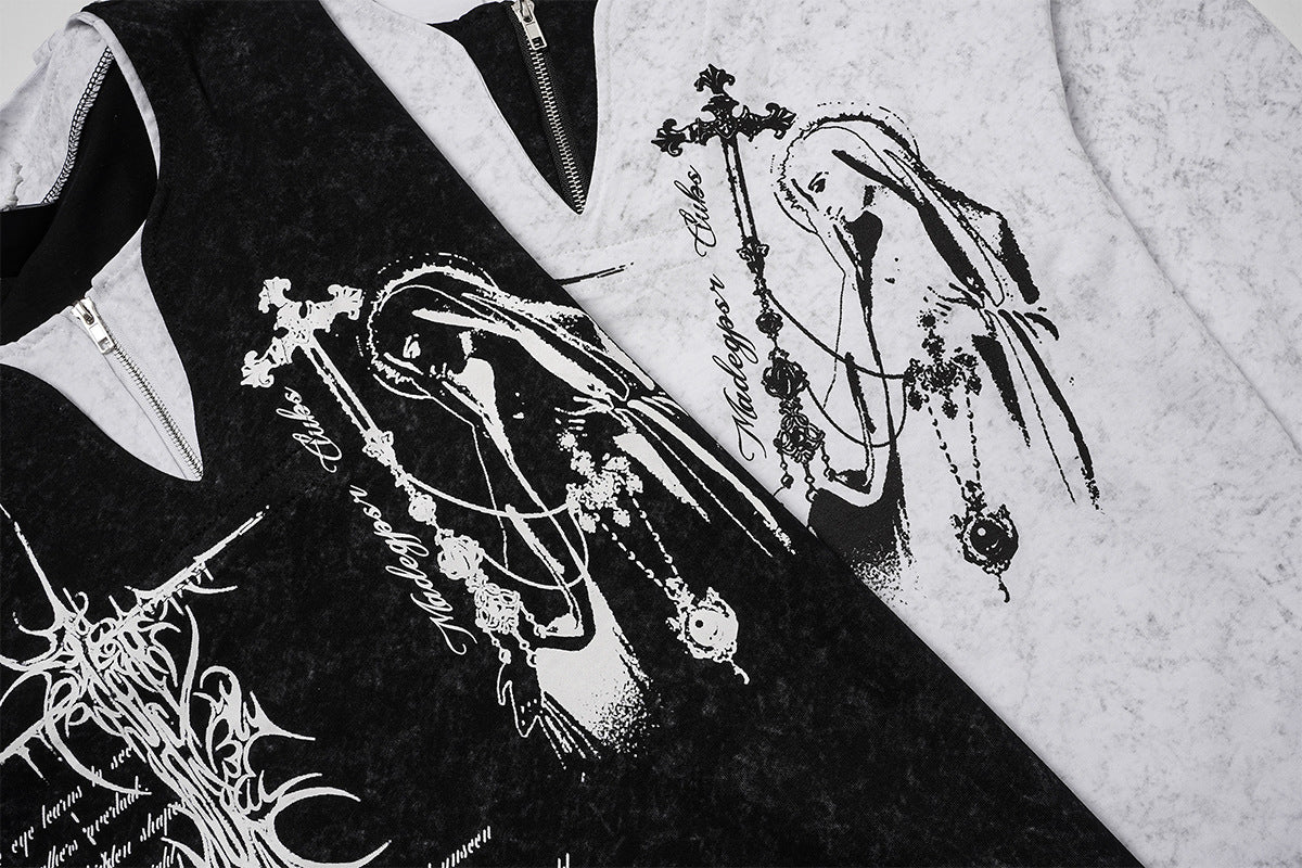 Gothic Graphic Long Sleeve Shirt – Oversized Religious Print, Zip Neckline