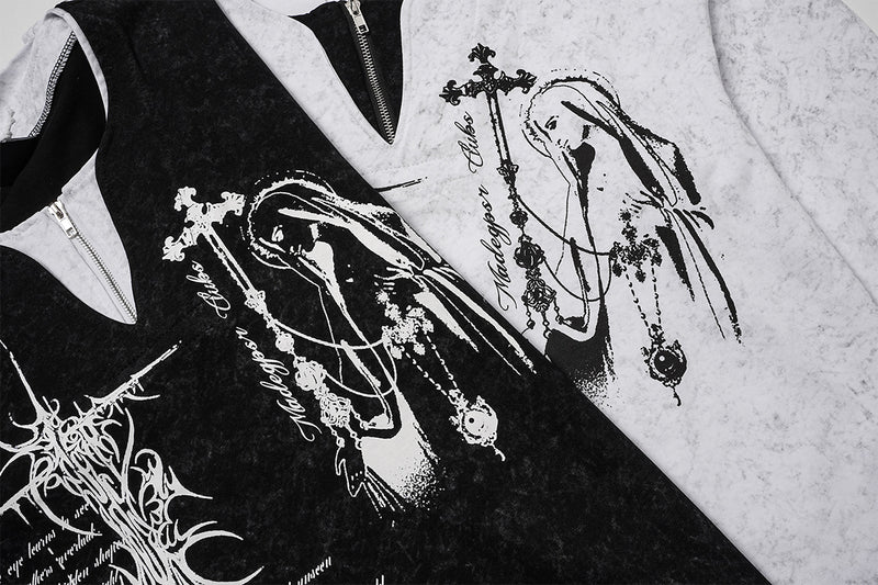 Gothic Graphic Long Sleeve Shirt – Oversized Religious Print, Zip Neckline