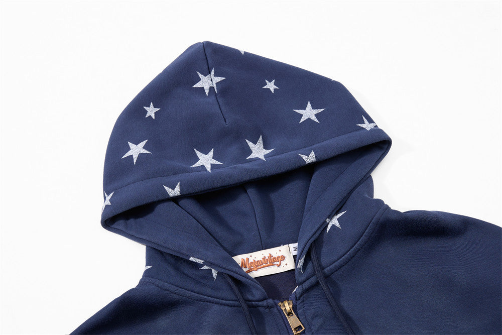 Sudadera con Capucha y Cremallera, Estampado de Estrellas, Corte Extragrande para Hombre