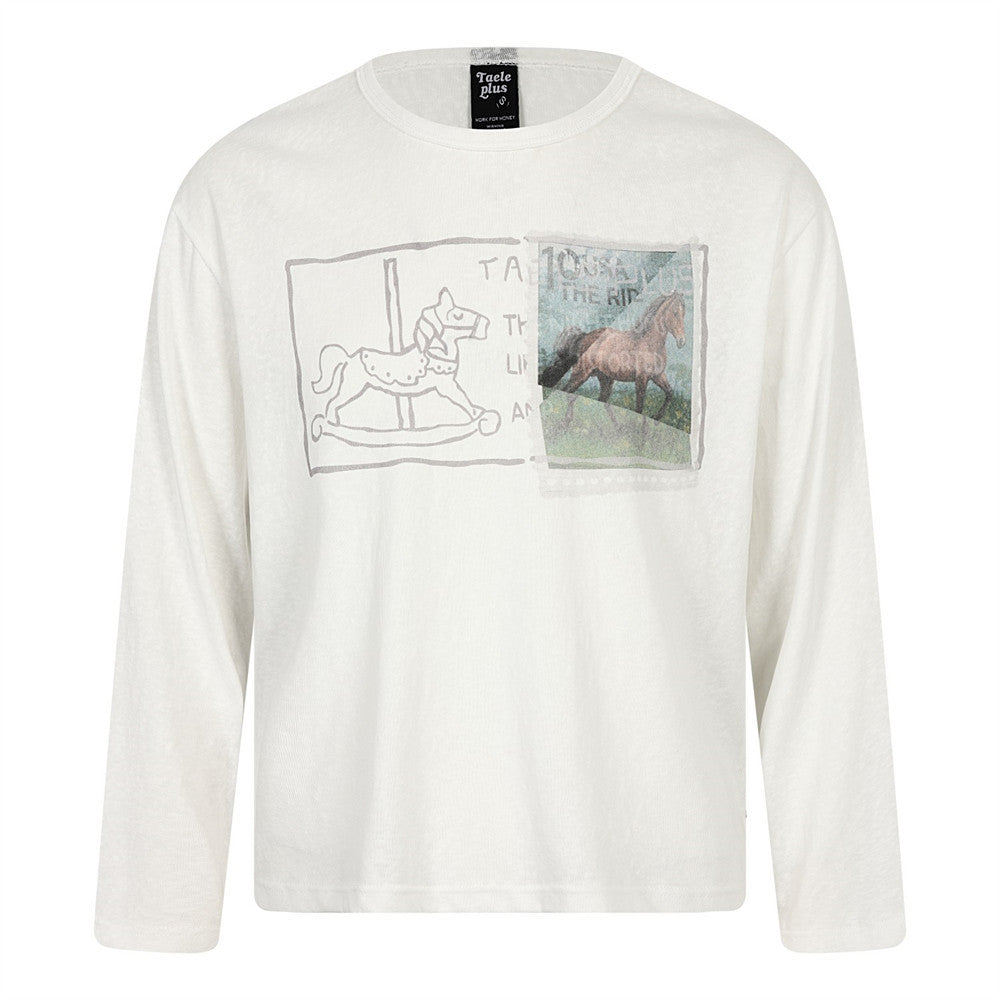 Off-white relaxed-fit long-sleeve crew neck tee with dual carousel horse graphic print on chest