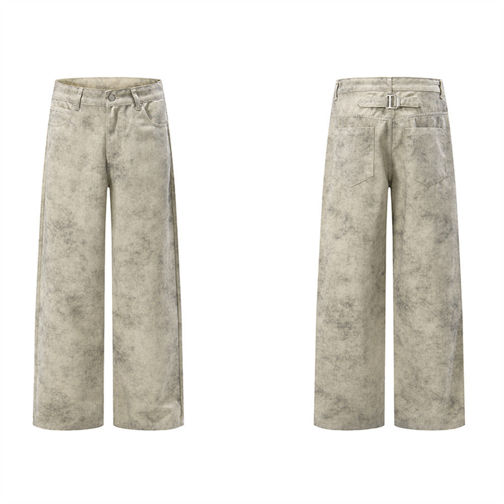 Pantalon droit wide leg – Homme, kaki délavé à l’acide, coupe décontractée et effet usé