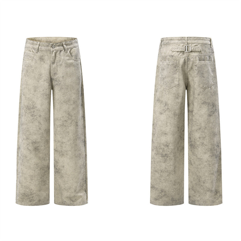 Pantalon droit wide leg – Homme, kaki délavé à l’acide, coupe décontractée et effet usé