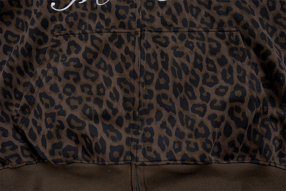 Leopard Print Zip-Up Hoodie – Men's Embroidered Oversized Jacket