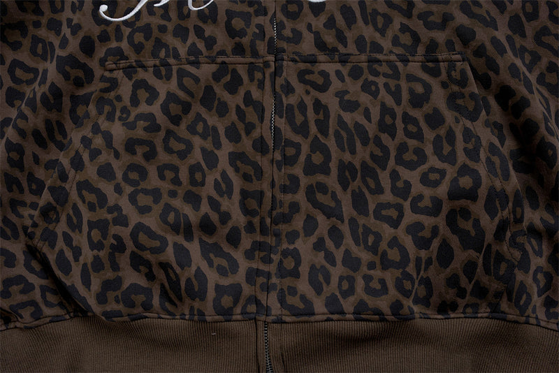 Leopard Print Zip-Up Hoodie – Men's Embroidered Oversized Jacket