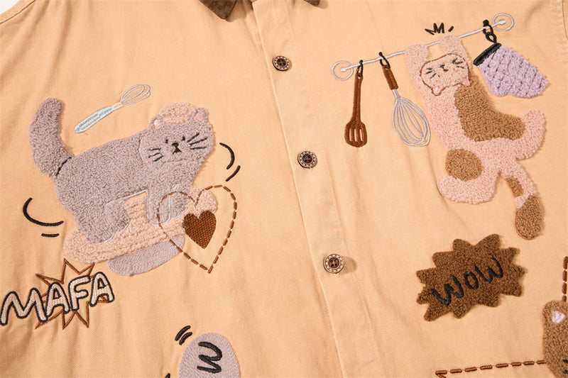 Herren-Langarmshirt mit Cartoon-Katzenstickerei – lässige Passform, Kontrastkragen