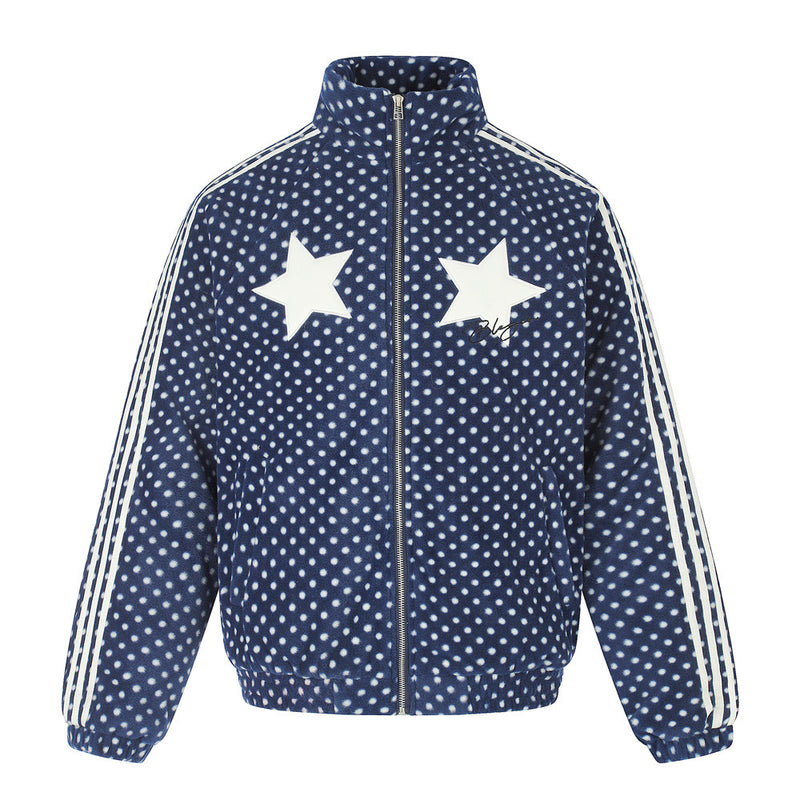 Padded Jacket for Men – Navy Polka Dot Star Patch Track Jacket with Stripe