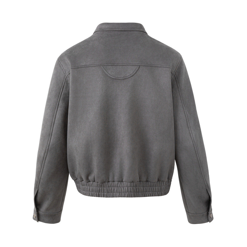 Men's Oversized Bomber Jacket – Grey Suede-Touch Fabric with Stud Details & Zip