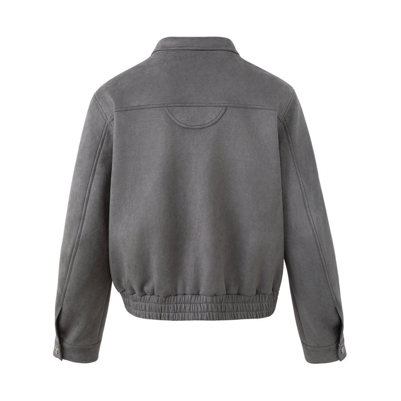 Men's Oversized Bomber Jacket – Grey Suede-Touch Fabric with Stud Details & Zip