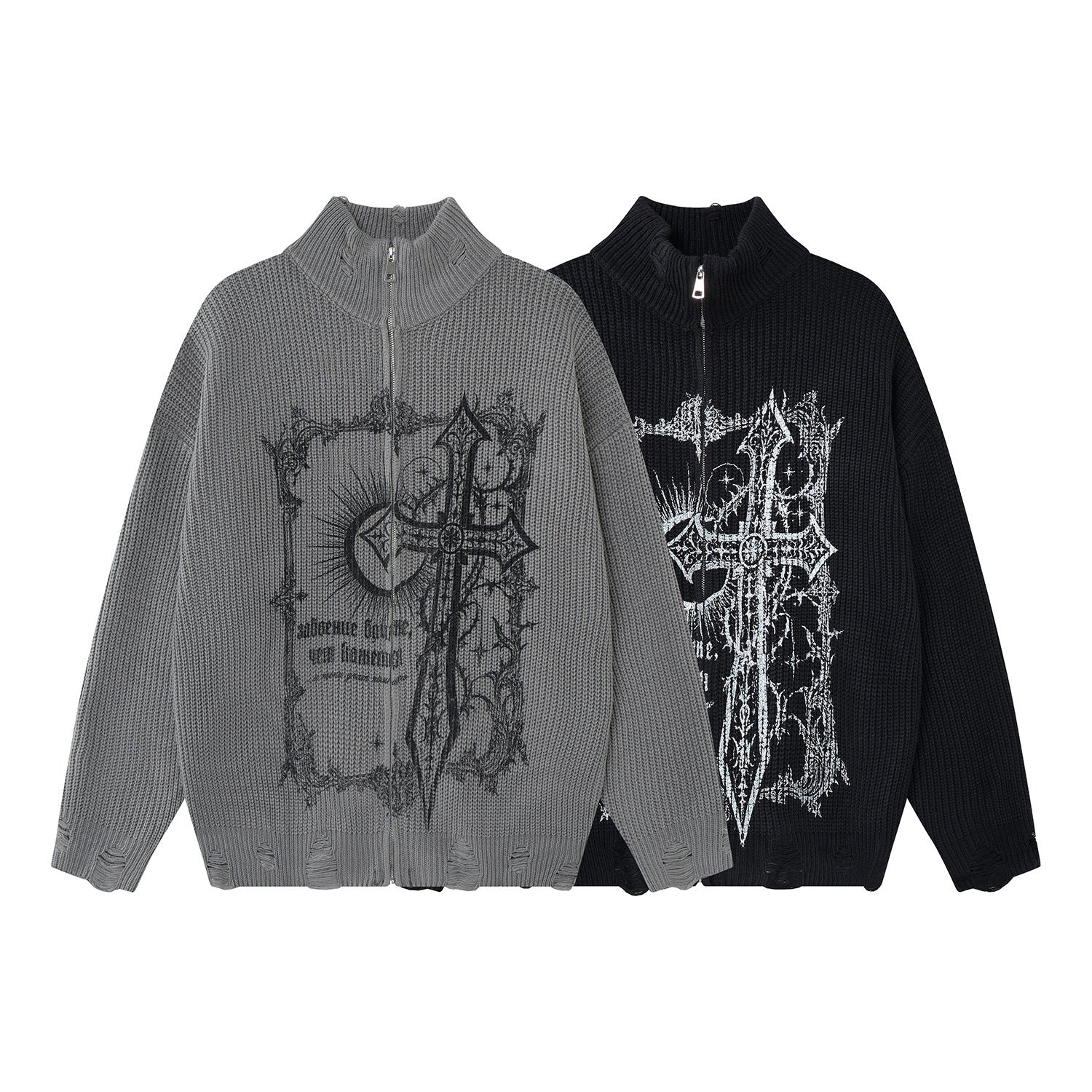 Pull col montant zippé en maille gothique à croix imprimée et effet usé