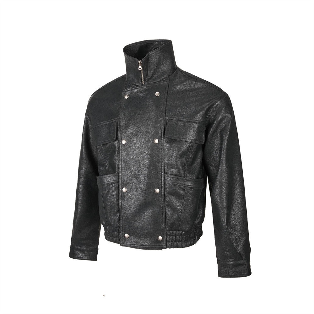 Men's Brown Leather Jacket PU Moto-Style High Collar Snap Button Bomber