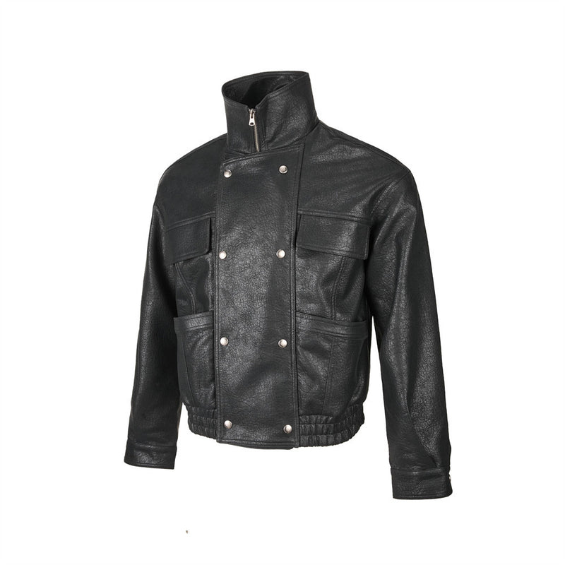 Men's Brown Leather Jacket PU Moto-Style High Collar Snap Button Bomber