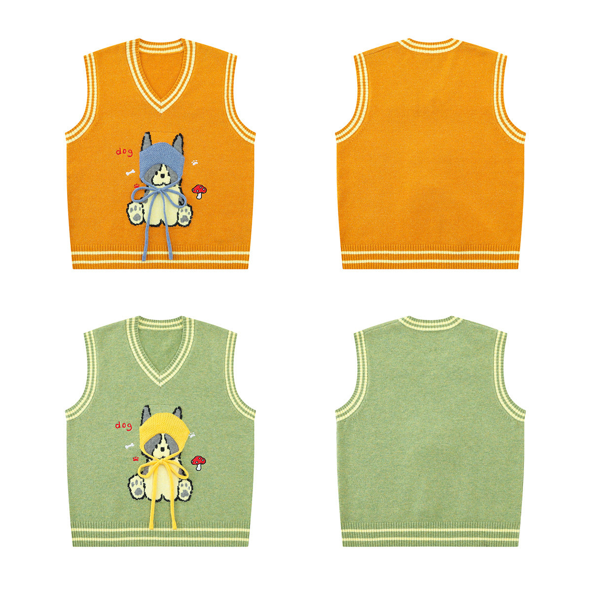 Cartoon Dog Knit Sweater Vest V-Neck Collegiate Stripe Sleeveless Pullover