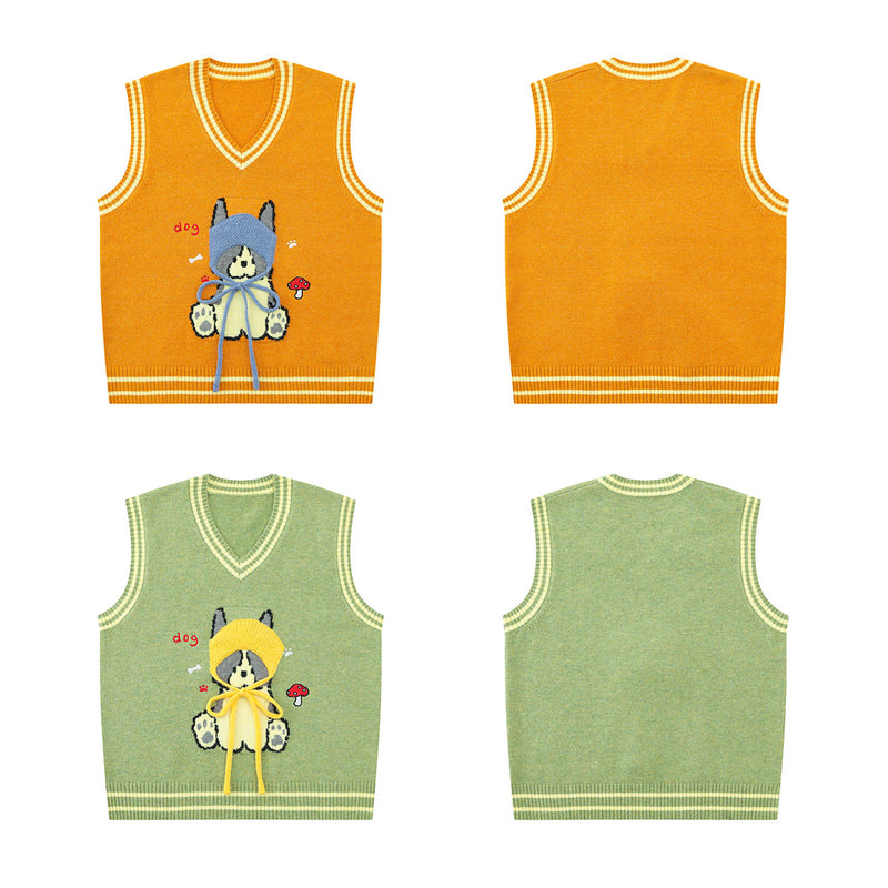 Cartoon Dog Knit Sweater Vest V-Neck Collegiate Stripe Sleeveless Pullover