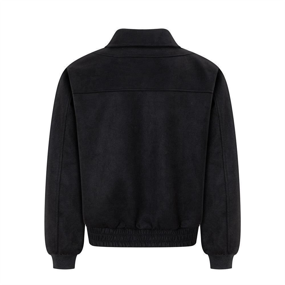 Suede Bomber Jacket Men – Collared Cross-Patch Relaxed Fit Varsity Jacket