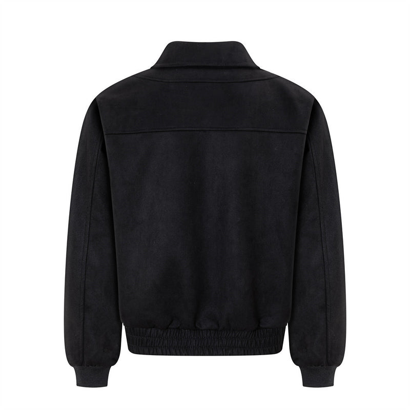 Suede Bomber Jacket Men – Collared Cross-Patch Relaxed Fit Varsity Jacket