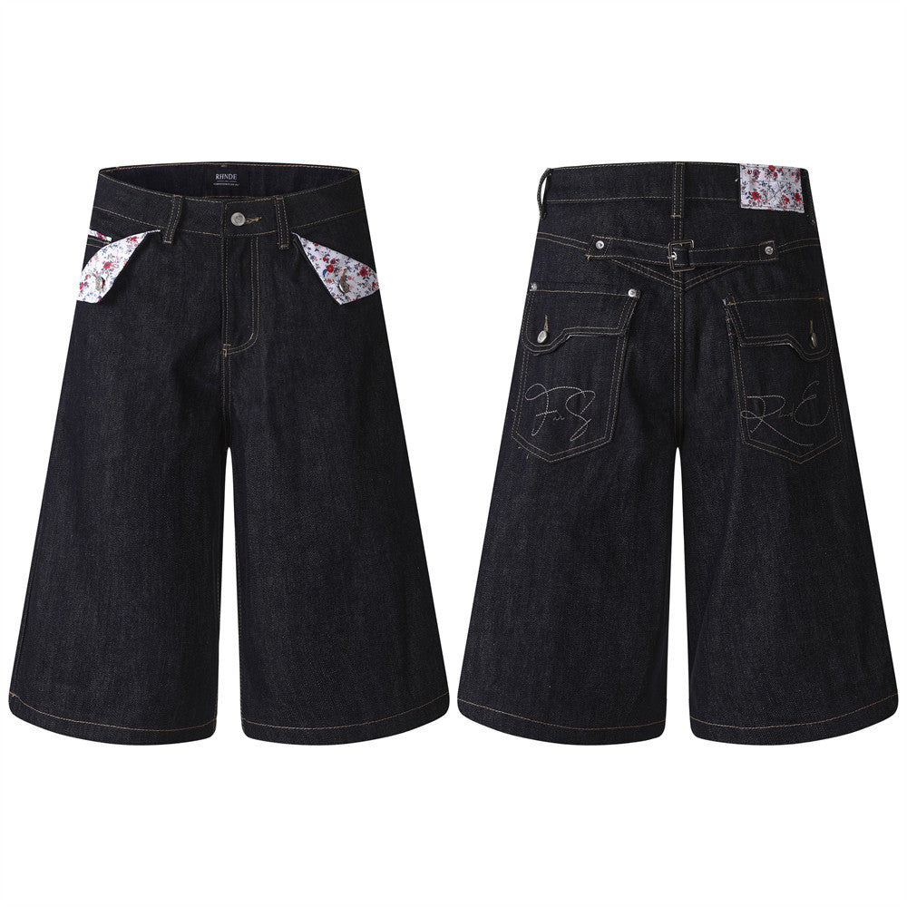 RHNDE dark wash wide-leg denim shorts with floral print pocket lining and embroidered back pockets, front and back view