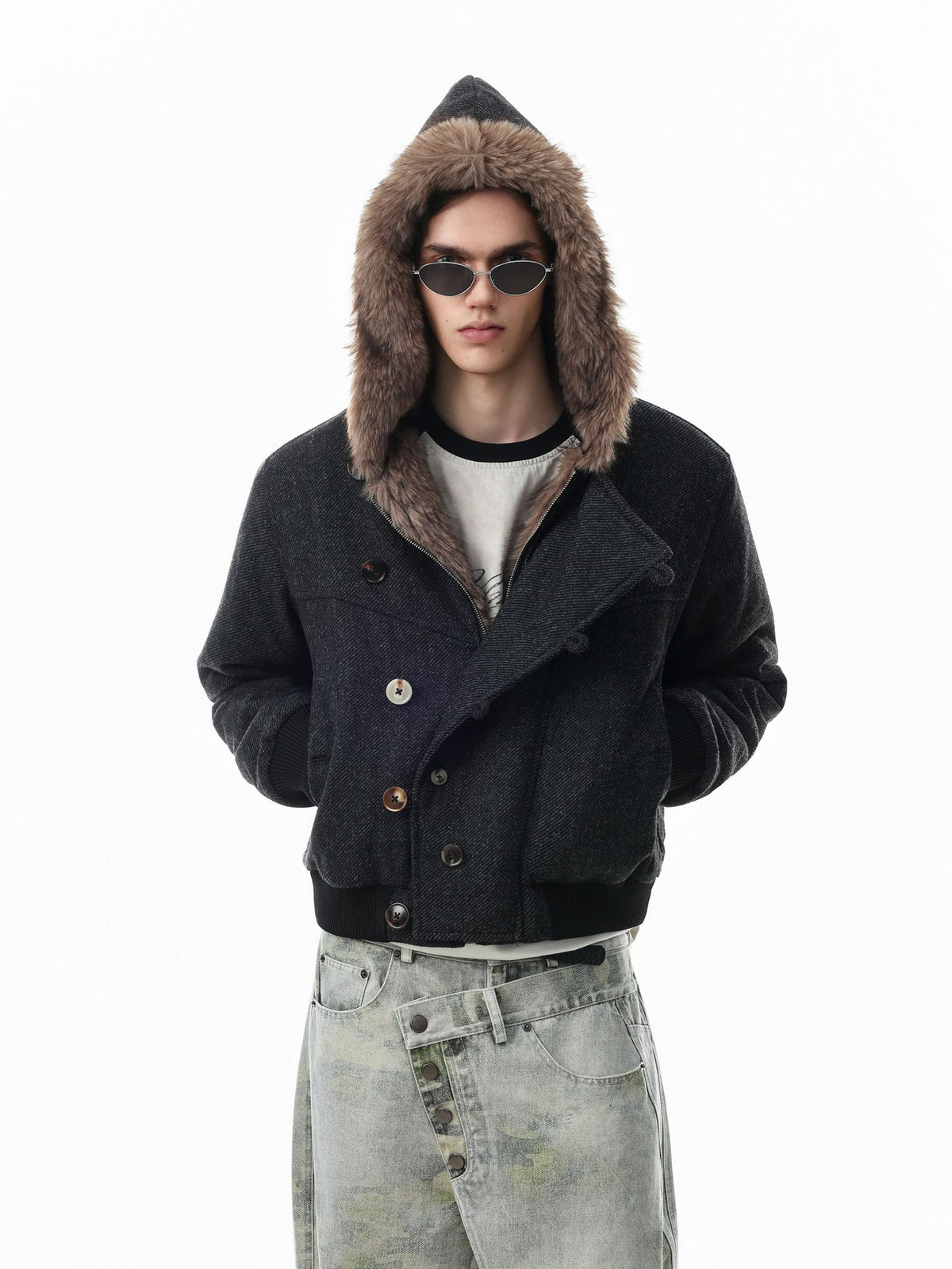 Hooded Bomber Jacket with Faux Fur Trim & Double-Button Front