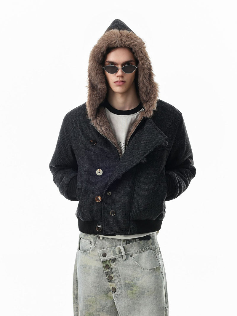 Hooded Bomber Jacket with Faux Fur Trim & Double-Button Front