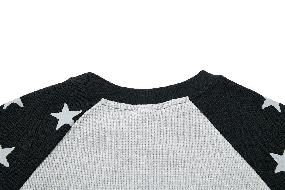 Long Sleeve Shirt Women Cowboy Star Print Raglan Waffle Knit Top