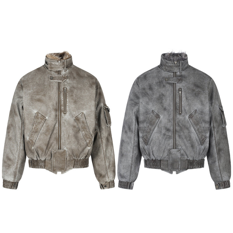 Men's Distressed Bomber Jacket with Faux Fur Collar – Padded Stand-Collar