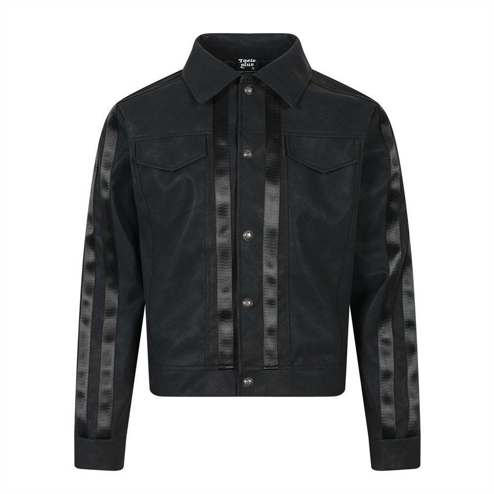 Men's black PU leather moto jacket with woven tape trim on front placket and sleeves, snap button closure and spread collar