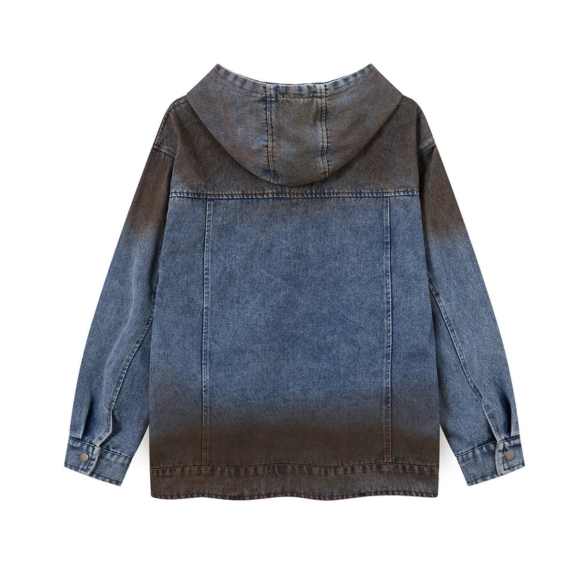 Washed Denim Hoodie Jacket – Boxy Fit with Embroidered Appliqué