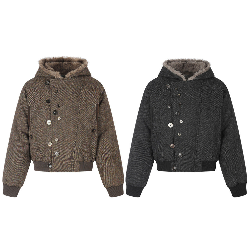 Fur-Trim Hooded Wool-Blend Bomber Jacket with Asymmetric Button Placket
