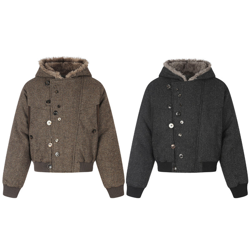 Fur-Trim Hooded Wool-Blend Bomber Jacket with Asymmetric Button Placket