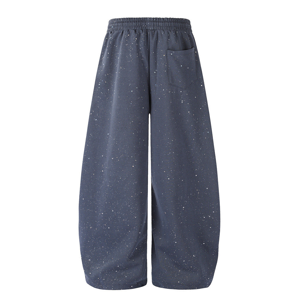 Men's Wide-Leg Sweatpants with Rhinestone Letter Print & All-Over Starry Sparkle