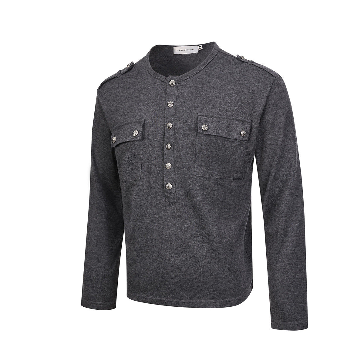 Men's Military-Style Henley Long Sleeve Shirt with Chest Pockets & Epaulettes