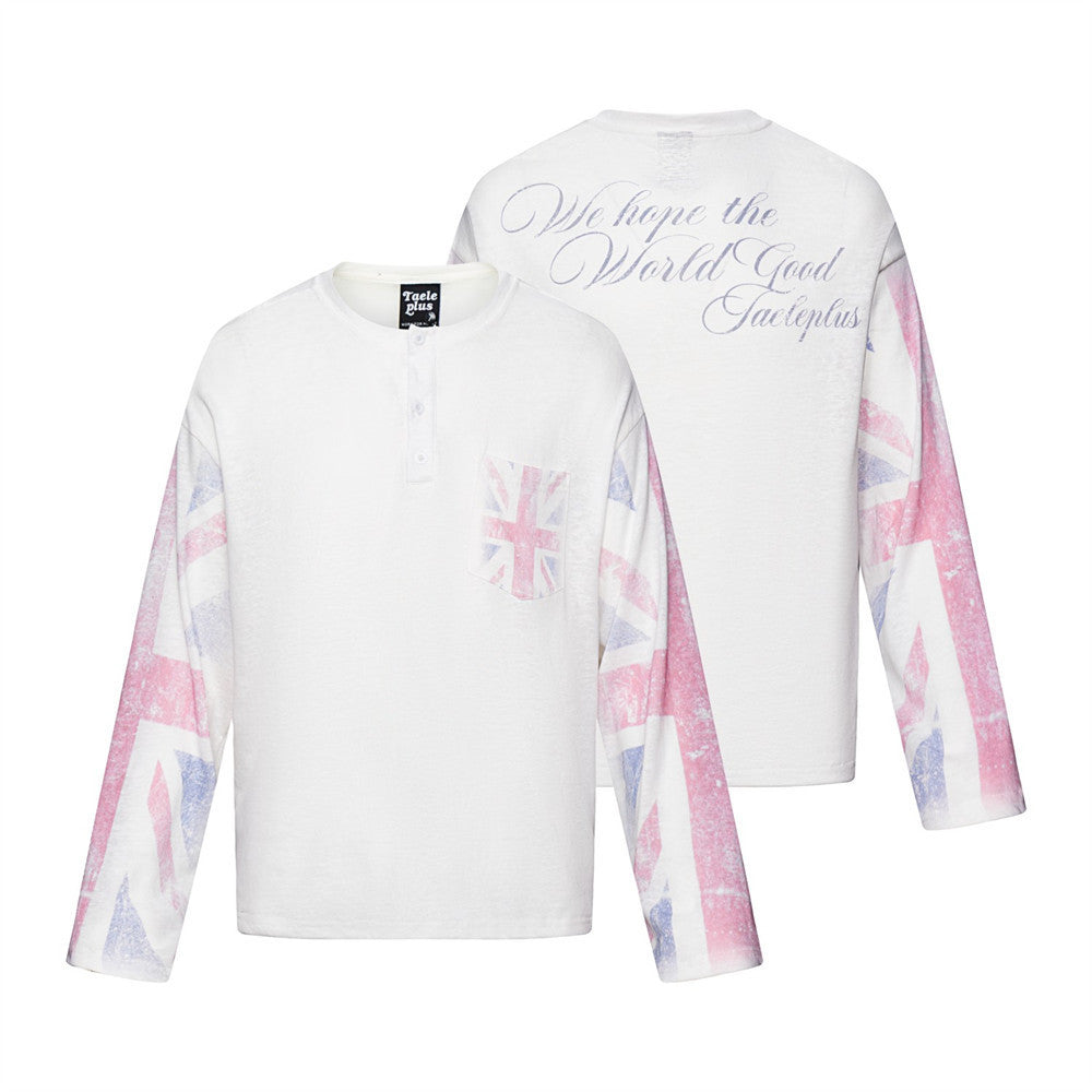 T-shirt Henley à manches longues avec imprimé Union Jack sur les manches, coupe oversize blanche