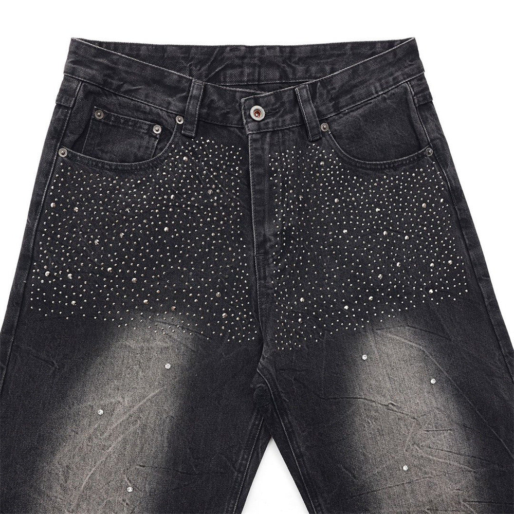 Men's Wide-Leg Baggy Jeans – Washed Black Rhinestone Embellished Denim