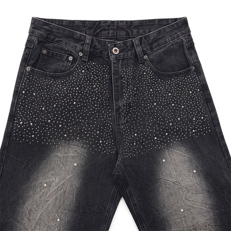 Men's Wide-Leg Baggy Jeans – Washed Black Rhinestone Embellished Denim