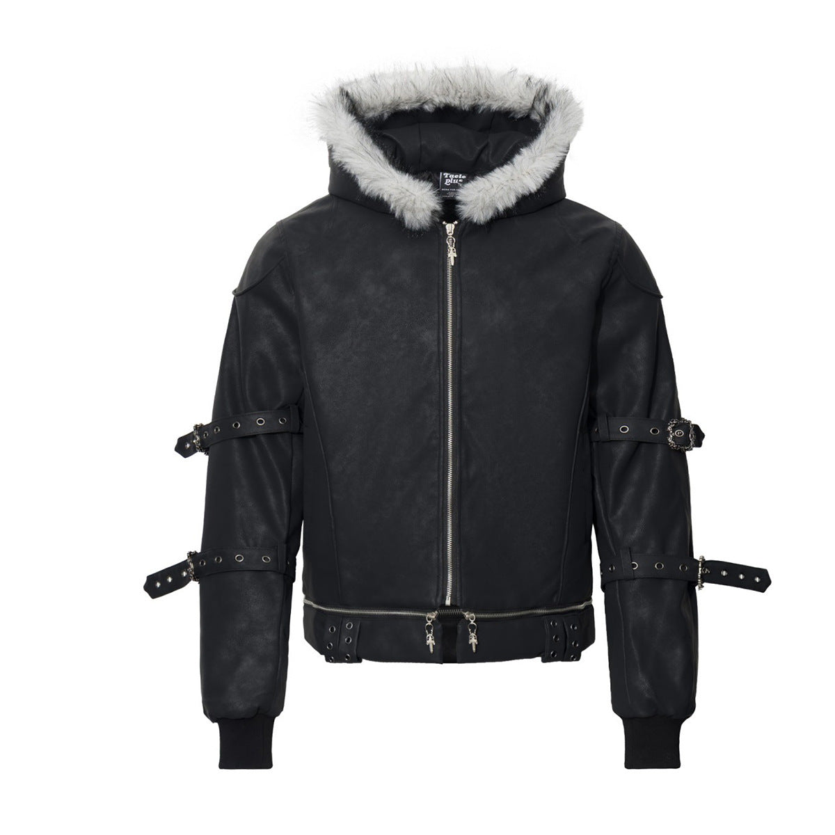 Black Faux Leather Hooded Bomber Jacket with Faux Fur Trim & Buckle Strap