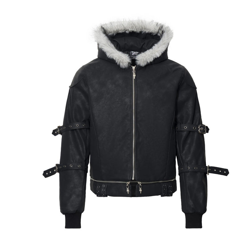 Black Faux Leather Hooded Bomber Jacket with Faux Fur Trim & Buckle Strap