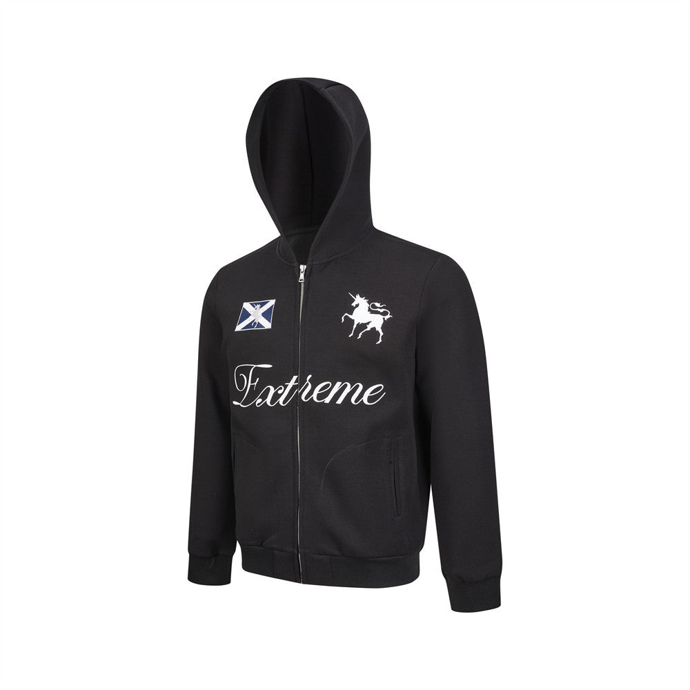 Men's Black Zip-Up Hoodie – Colorblock Graphic Streetwear Sweatshirt