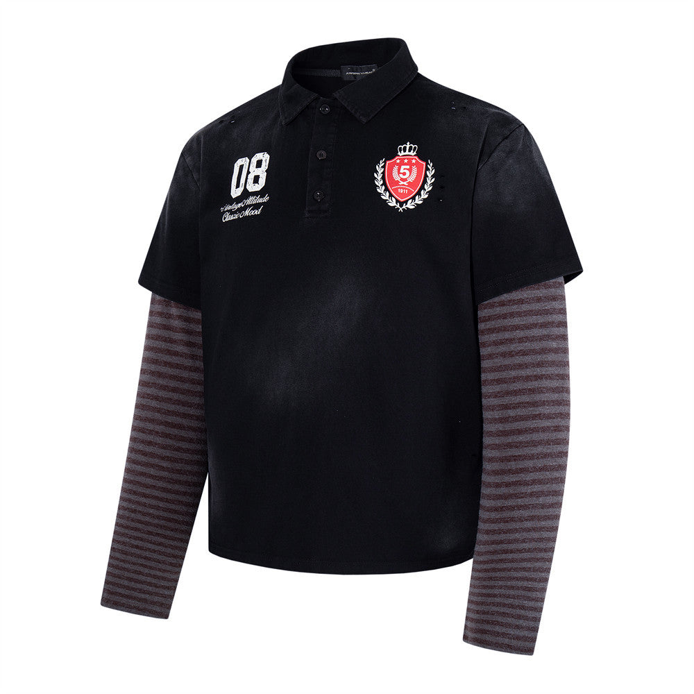Men's Faux Two-Piece Polo Shirt with Striped Long Sleeves and Distressed Print