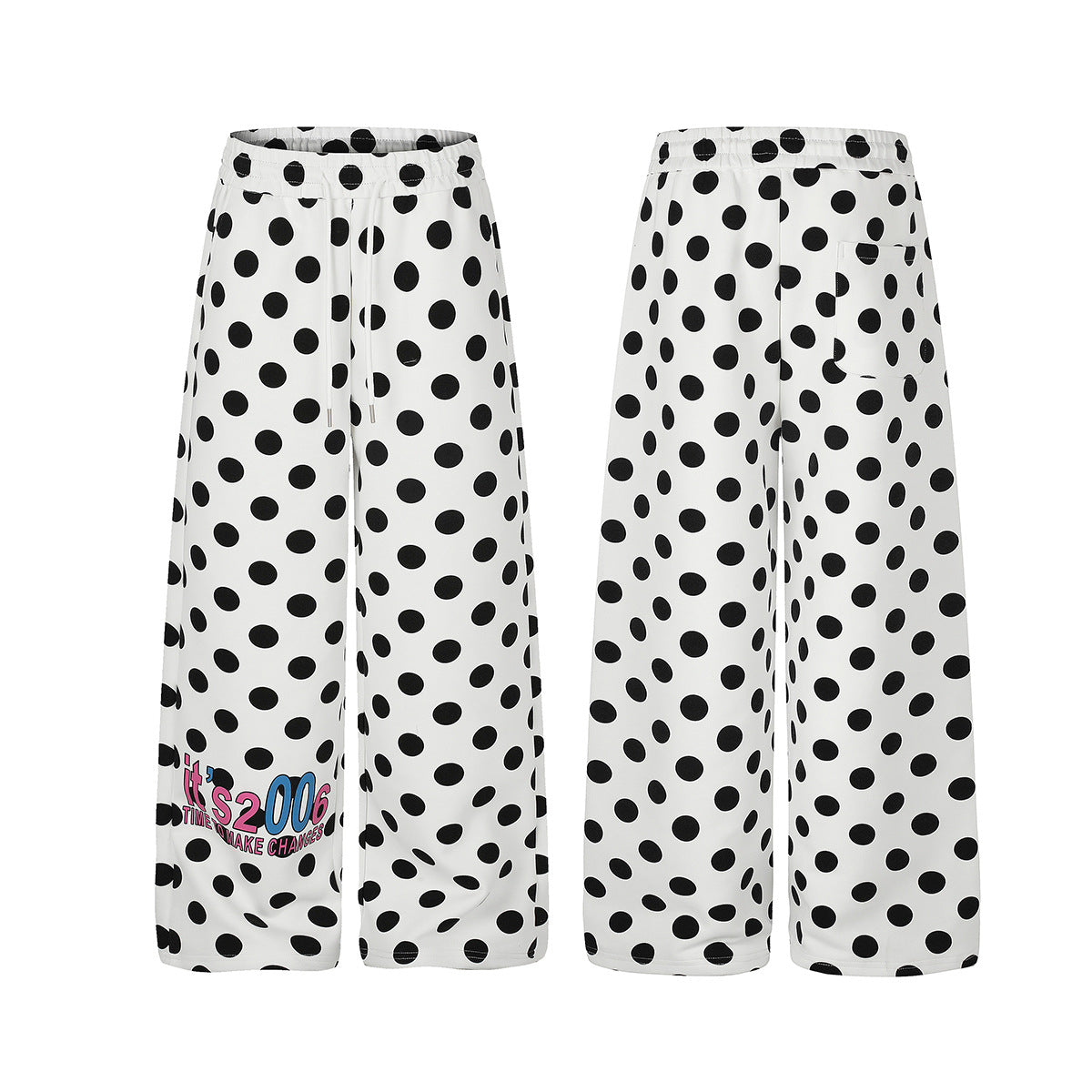 Wide-Leg-Jogginghose mit Polka-Dots – Weiß-Schwarzer Punktprint mit Kordelzugbund